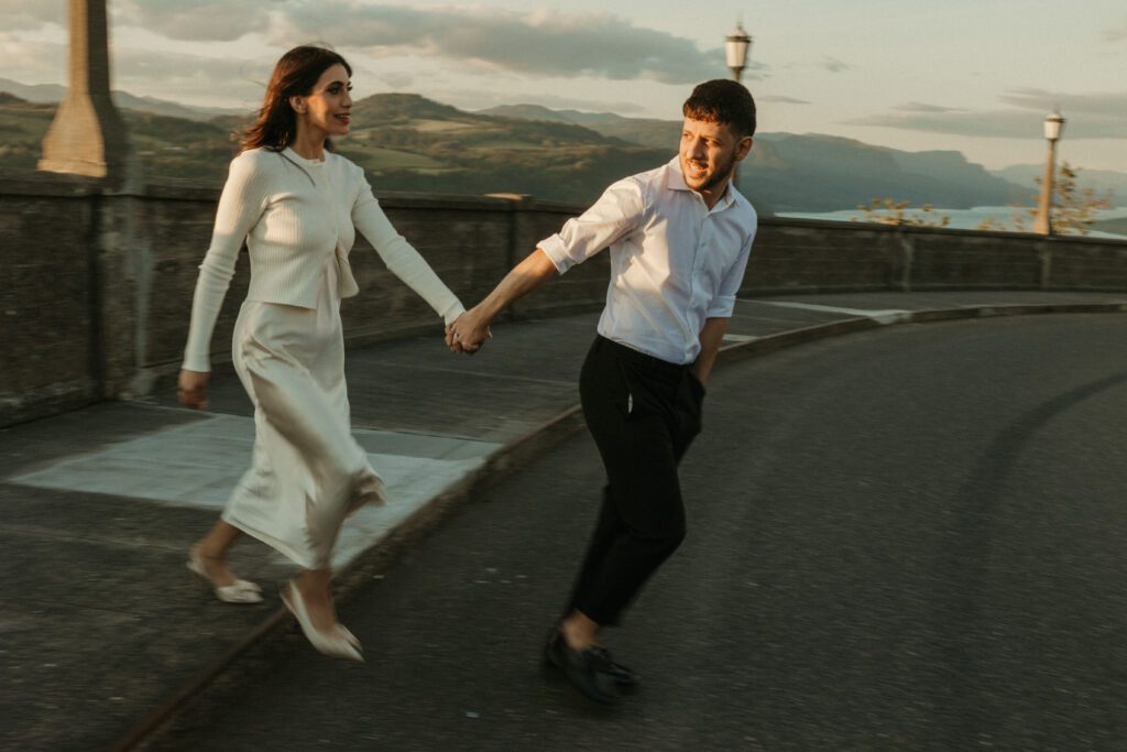 Golden hour engagement photos with motion blue in the Columbia River Gorge, Oregon